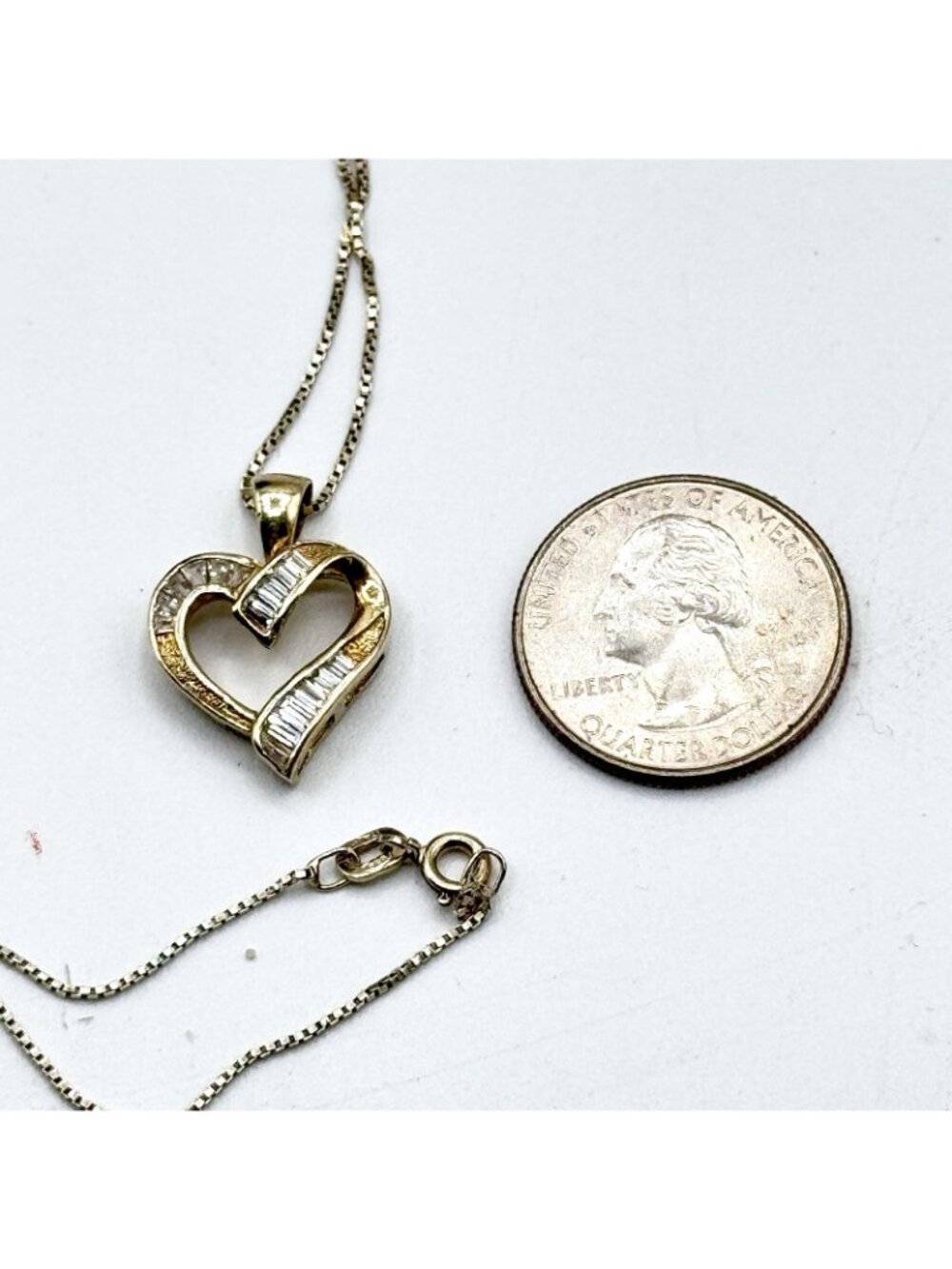 Heart Pendant Vermeil Baguette CZ Necklace Box Chain 19" 925 Cottage Fairy Love - Picture 14 of 15